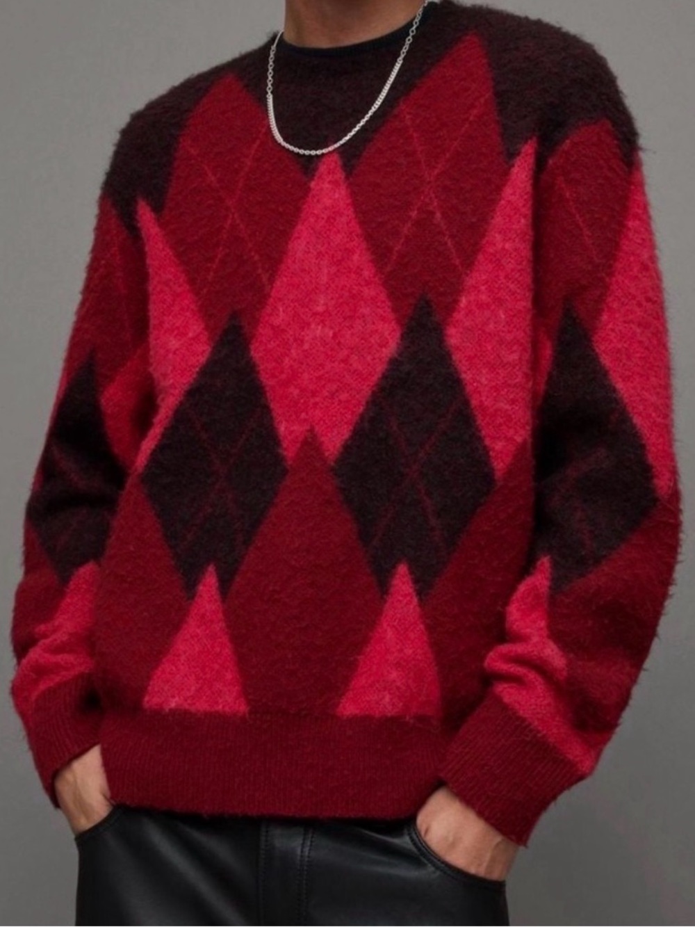 AllSaints Harley Brushed Argyle Crew Neck Sweater